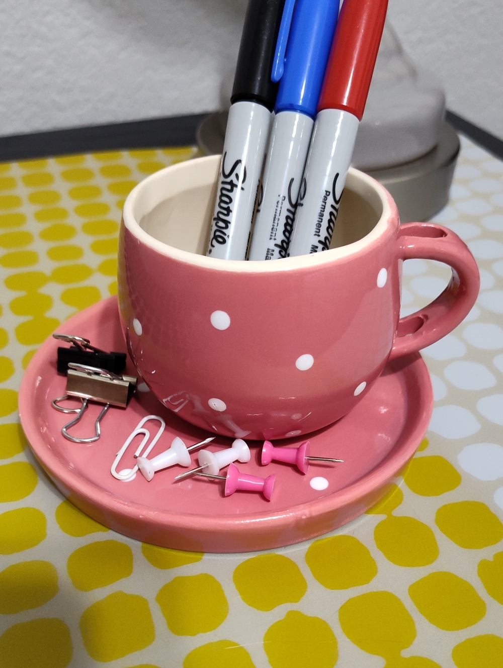 ♨️3/$10 Pink Polka Dot Ceramic Teacup w/Saucer Desktop Organizer